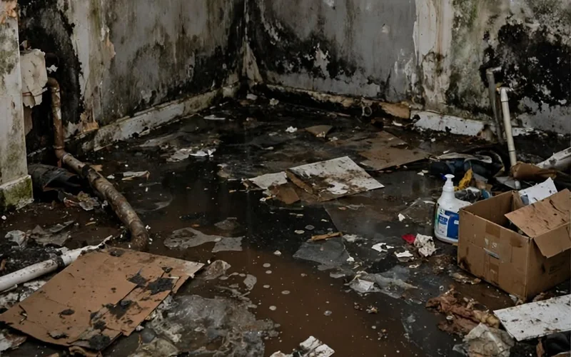 Contaminated basement floor before sewage backup cleanup